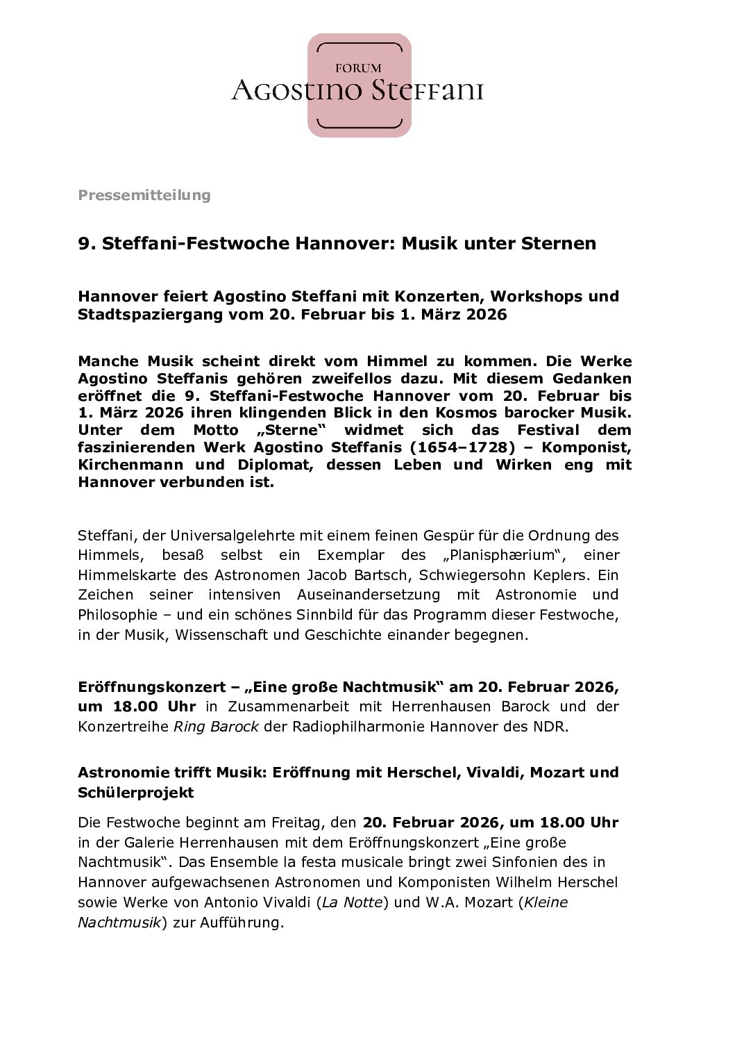Presseerklärung zur 7. Steffani-Festwoche in Hannover