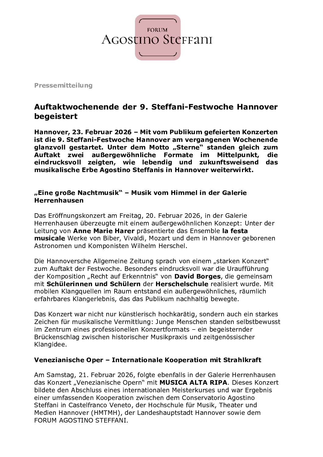 Presse-Mitteilung_Auftaktwochenende der Steffani-Festwoche Hannover begeistert Presseerklärung zur 7. Steffani-Festwoche in Hannover